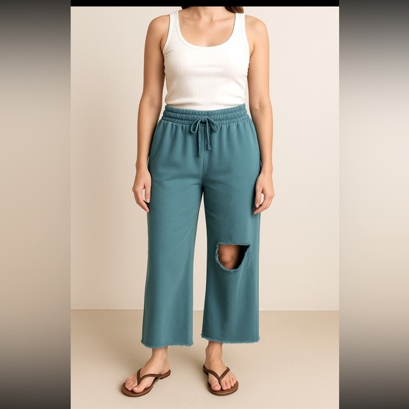 Zenana Wide Leg Pull On Pants Size XL Soft Teal Blue Cropped Length Stretch - Picture 1 of 14